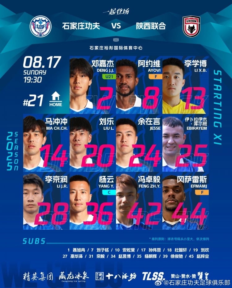石家莊功夫主場對陣陜西聯(lián)合首發(fā)陣容！李京潤迎來功夫首次首發(fā)