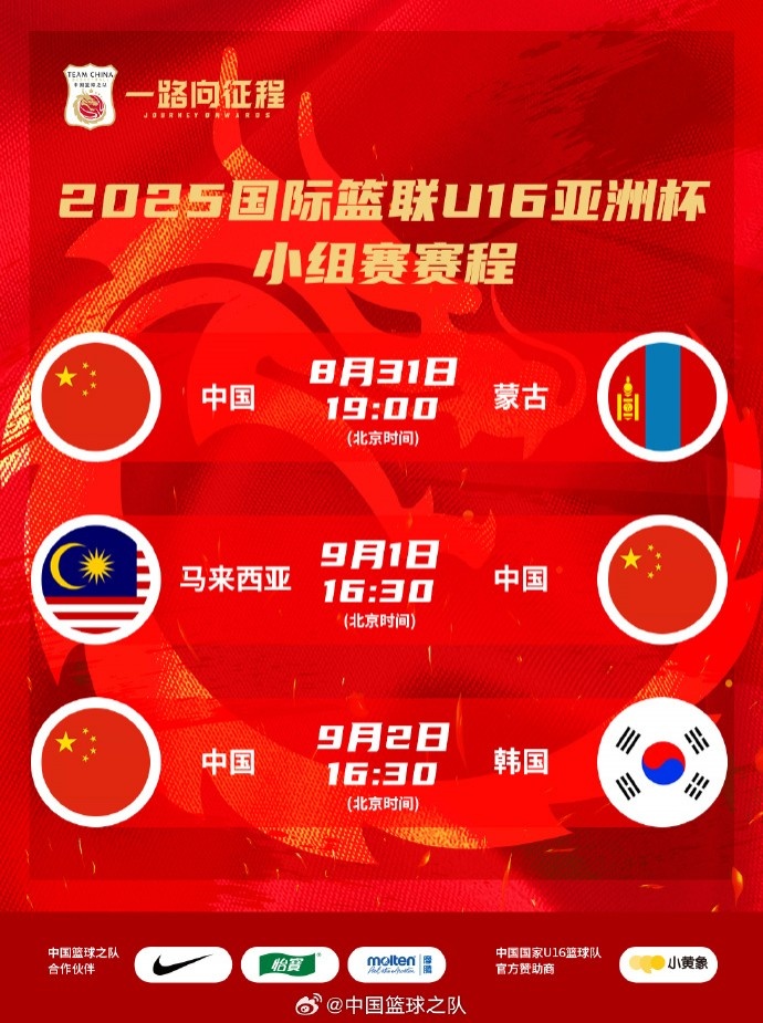 中國U16男籃亞洲杯賽程：今晚vs蒙古 明日vs馬來西亞 后天vs韓國