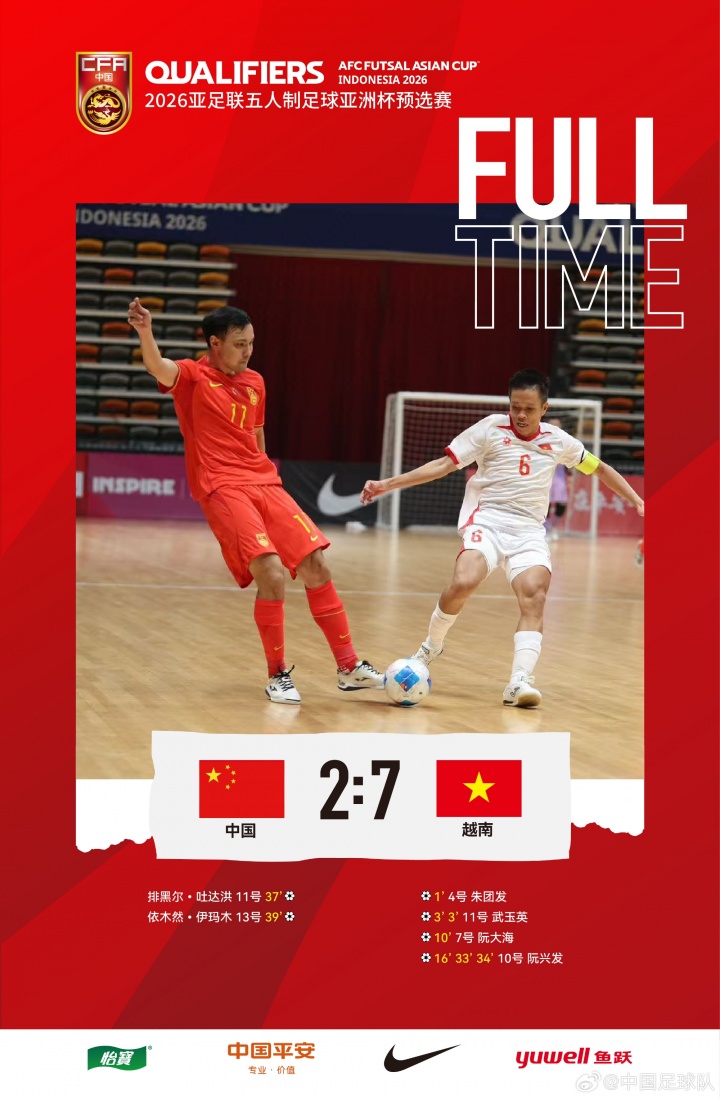 2026五人制亞洲杯預(yù)賽E組第二輪，中國隊2比7負(fù)于越南隊